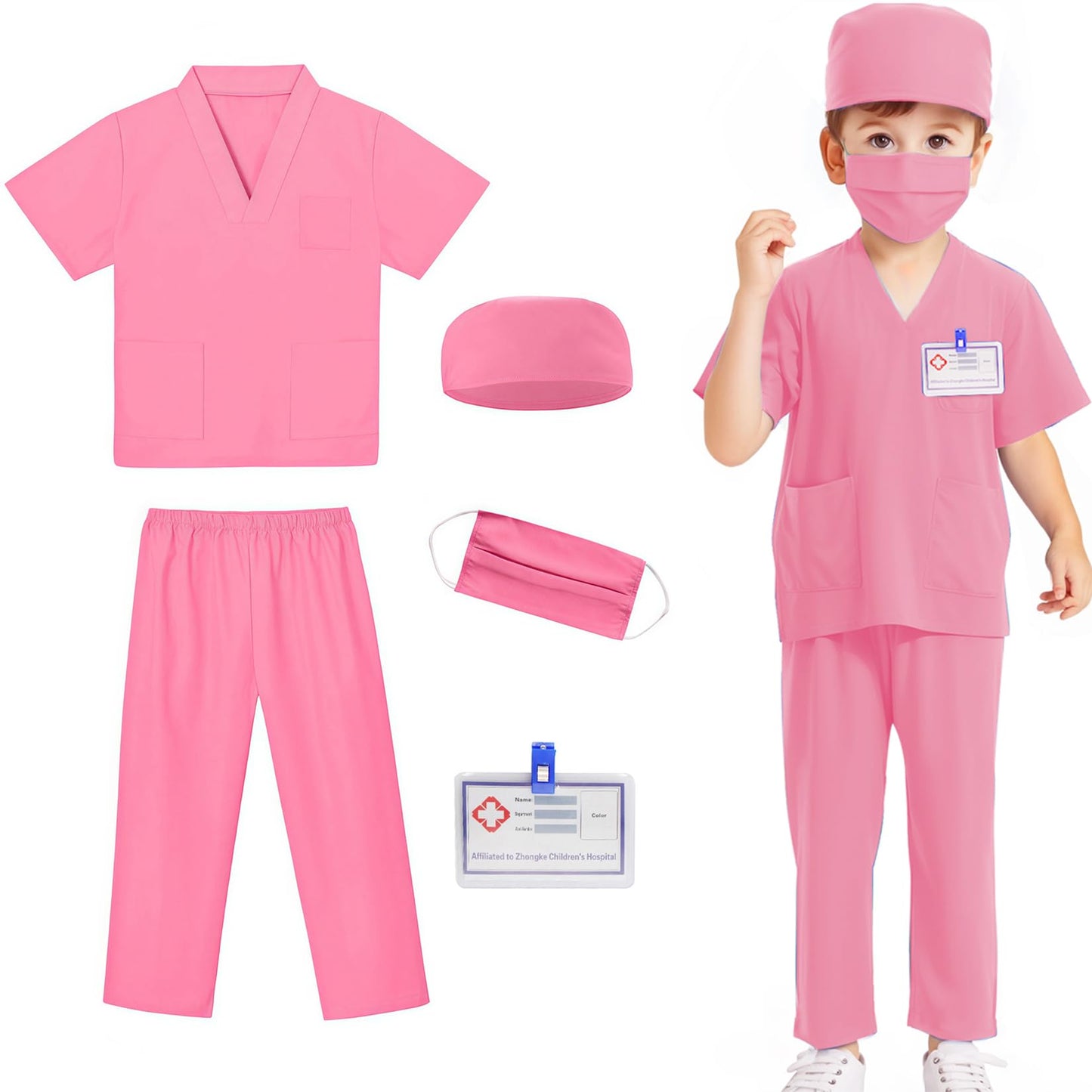 Mizzuco Doctor Costume For Kids,Toddler Nurse Scrubs Halloween Dress Up Cosplay For Boys Girls 3-12 Years (Pink, L-130Cm/5-6Yrs)