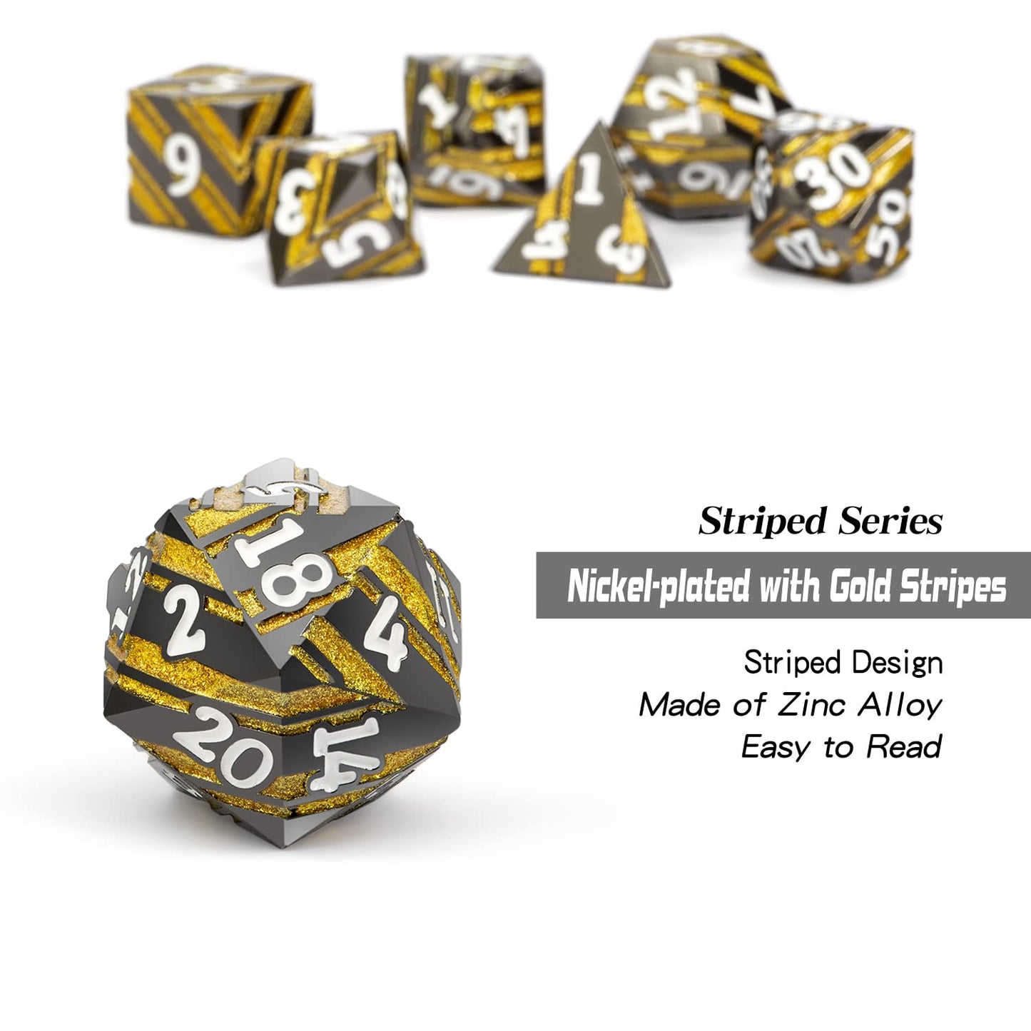 Stripe Metal DND Dice Set,DNDND Metallic D&D Dice with Gift Case for Dungeons and Dragons D&D (Gold Stripes)