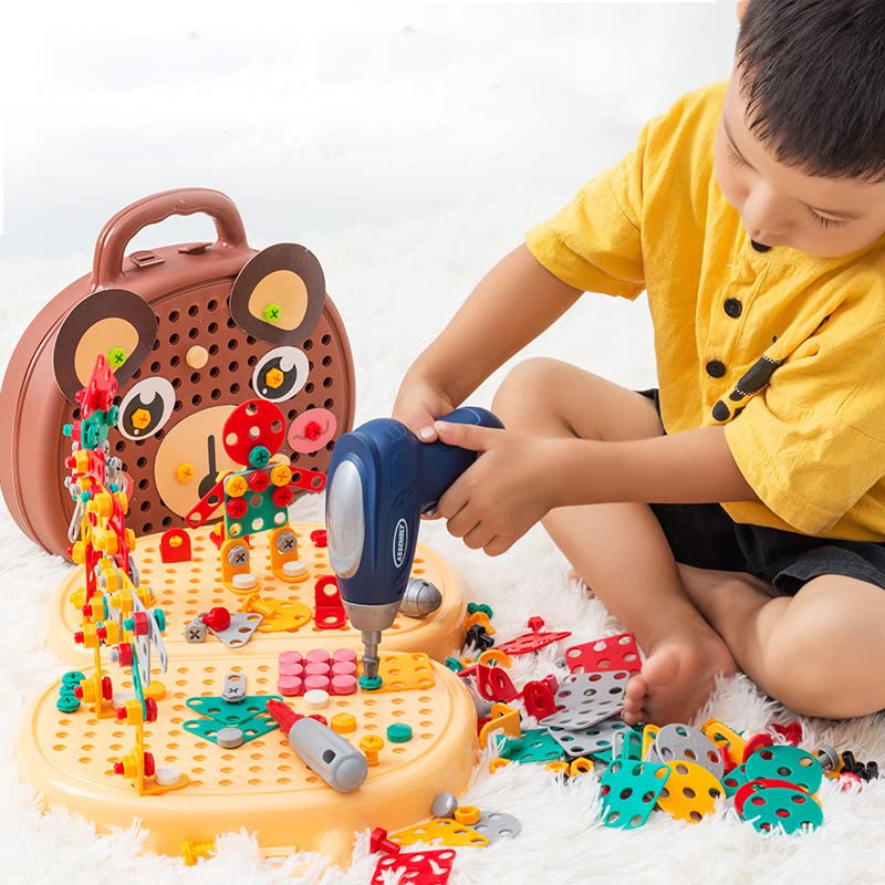 OFIGAS Magic Montessori Play Toolbox, Magic Montessori Play Toolbox Bear, 204 PCS Creative Mosaic Puzzle Toy with Electric Drill