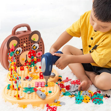 OFIGAS Magic Montessori Play Toolbox, Magic Montessori Play Toolbox Bear, 204 PCS Creative Mosaic Puzzle Toy with Electric Drill