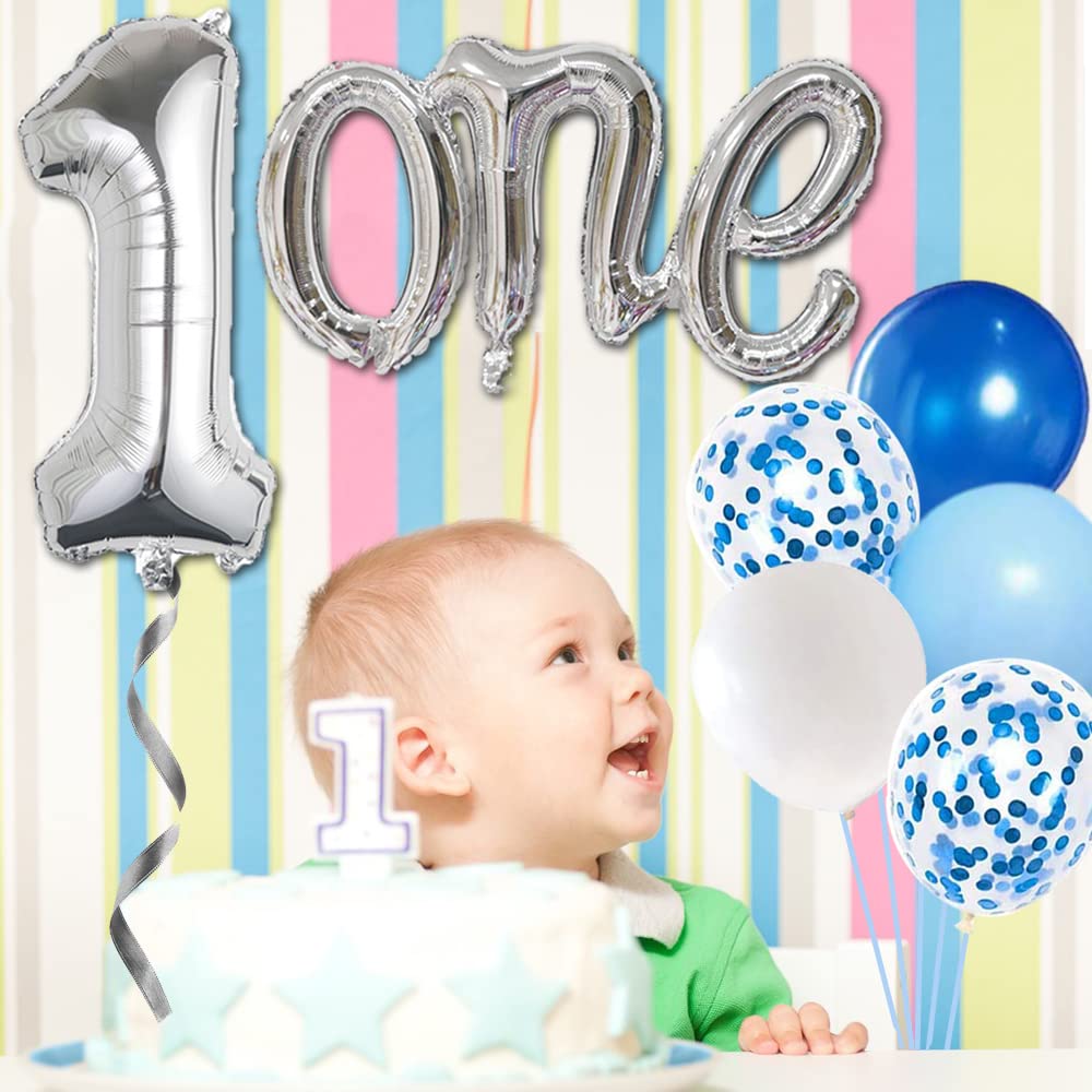 Silver One Balloon For First Birthday 22Pcs, Number 1 Balloon, 40 Inch Silver One Balloon With Blue White Balloons For First Birthday, Boy 1St Birthday Balloons, Large Big Silver 1 Balloon