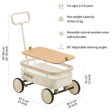 Pula-Wild 3-In-1 Kids' Pull-Along Wagon Toddlers Push Walker For 2.5-8, Removable Wooden Cover And Adjustable Handlebar, Birthda