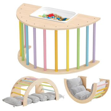 Beright 3 In 1 Climbing Arch Sensory Table With Gray Cushion For Kids, Montessori Wooden Climbing Toys, Kids Sensory Table With