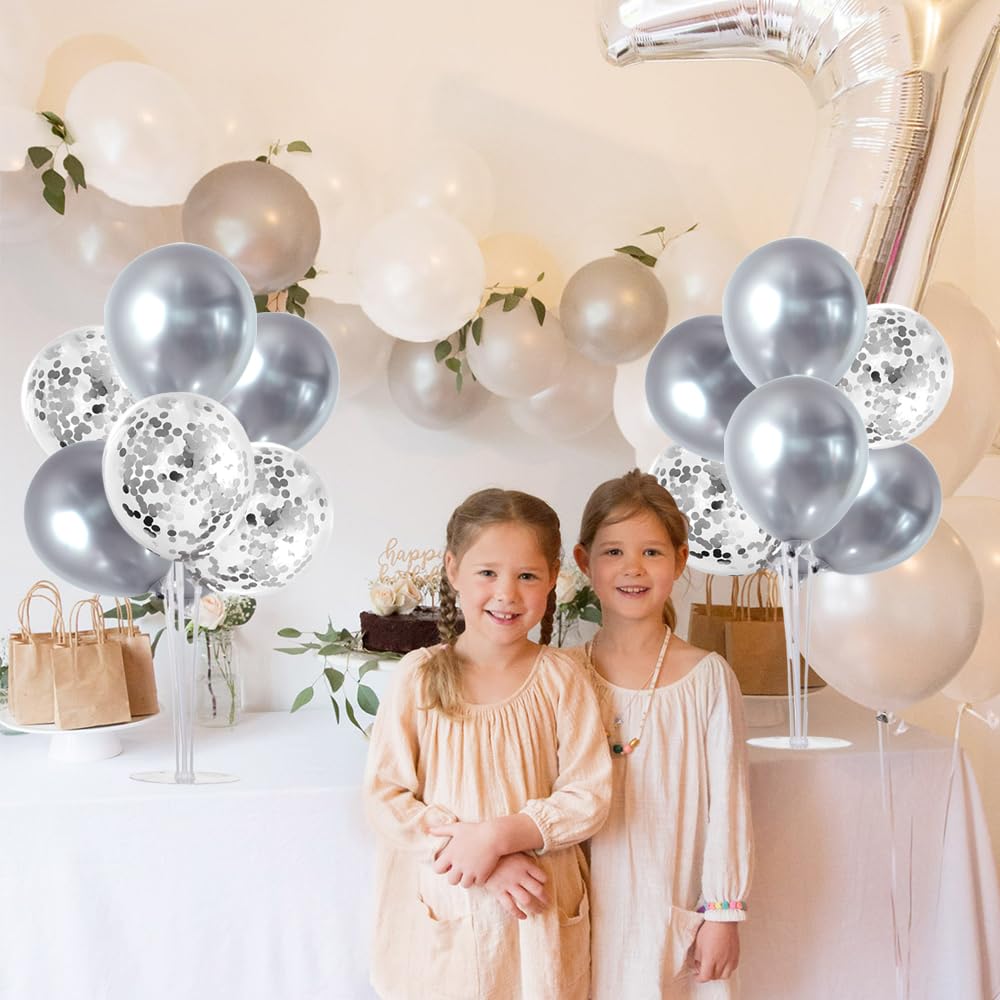 TONIFUL Silver Balloon Stand Centerpiece - 4 Pack, Plastic Decorations for 25th Wedding Anniversary, Birthday, Bridal Shower, Graduation Party