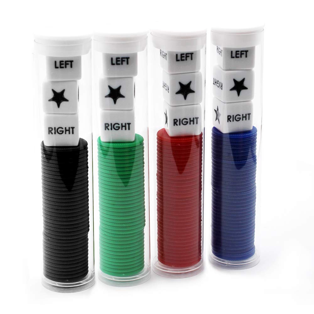 Spidfee Rigth Left Center Dice Game Set With 3 Dices + 36 Chips - 4 Sets Assorted Colors - ( 4 Pack )