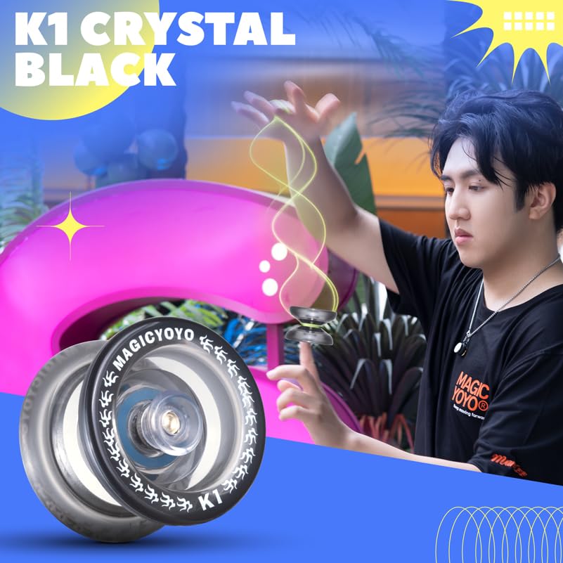 MAGICYOYO K1-Plus Responsive YoYo for Kids Beginners  Plastic ABS Yoyo for mature-themed with Yoyo Glove+Yoyo Storage Bag+12 Replacement Yoyo Strings (Crystal Black)