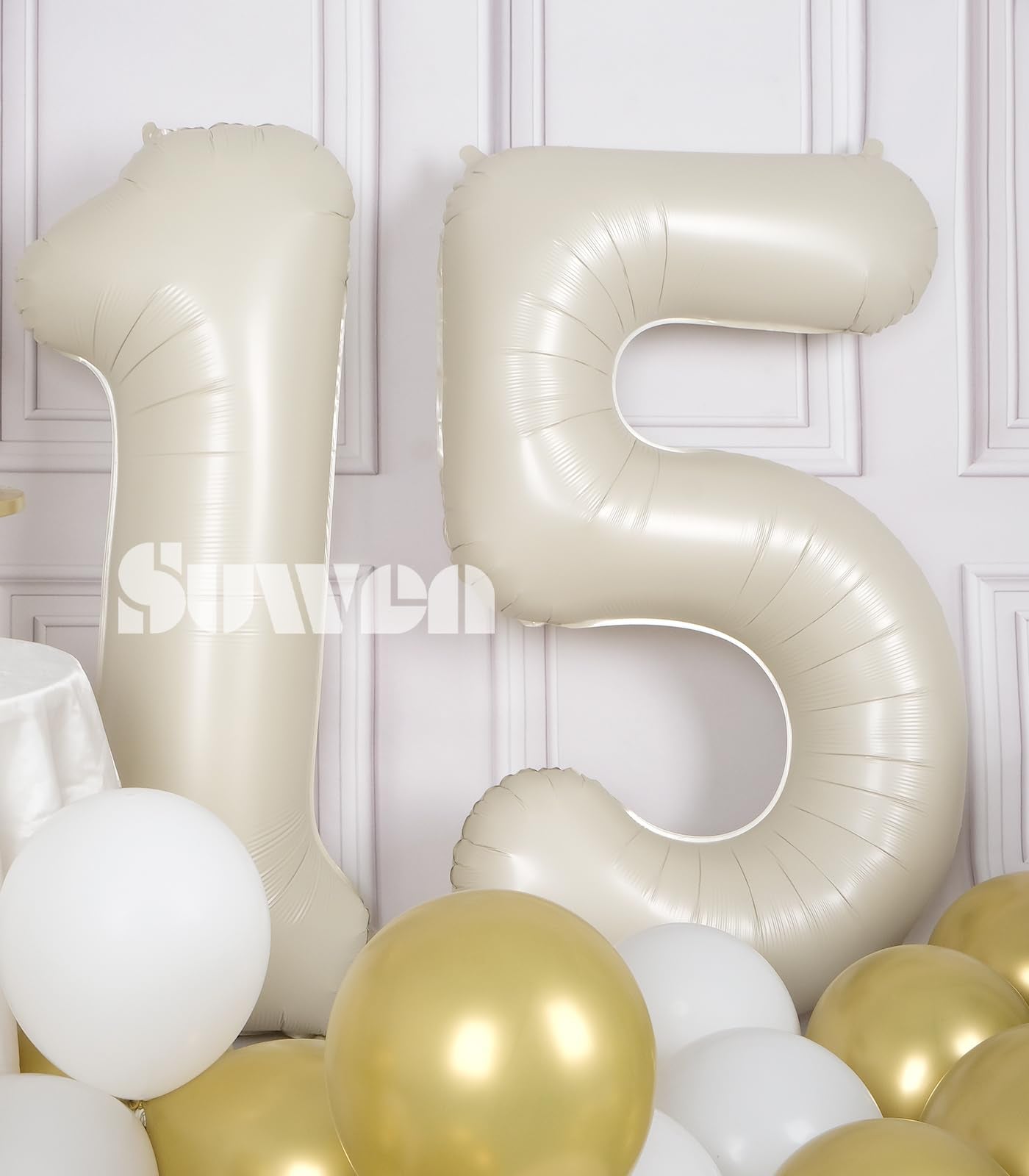 Suwen 40 Inch Cream White Large 15 Number Balloons Big Foil Helium Number Balloons 0-9 Jumbo Happy 15Th Mylar Birthday Party Dec
