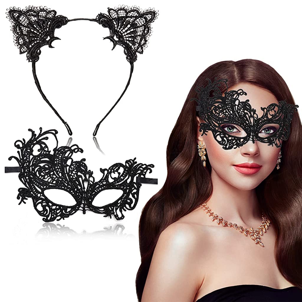 Patpat Set Of 2 Masquerade Masks Lace Eye Mask Cat Ears Headband For Women, Halloween Mask Party Mask For Women Costume For Cosp