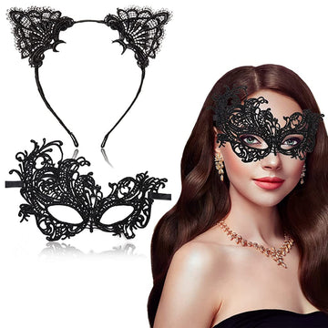 Patpat Set Of 2 Masquerade Masks Lace Eye Mask Cat Ears Headband For Women, Halloween Mask Party Mask For Women Costume For Cosp