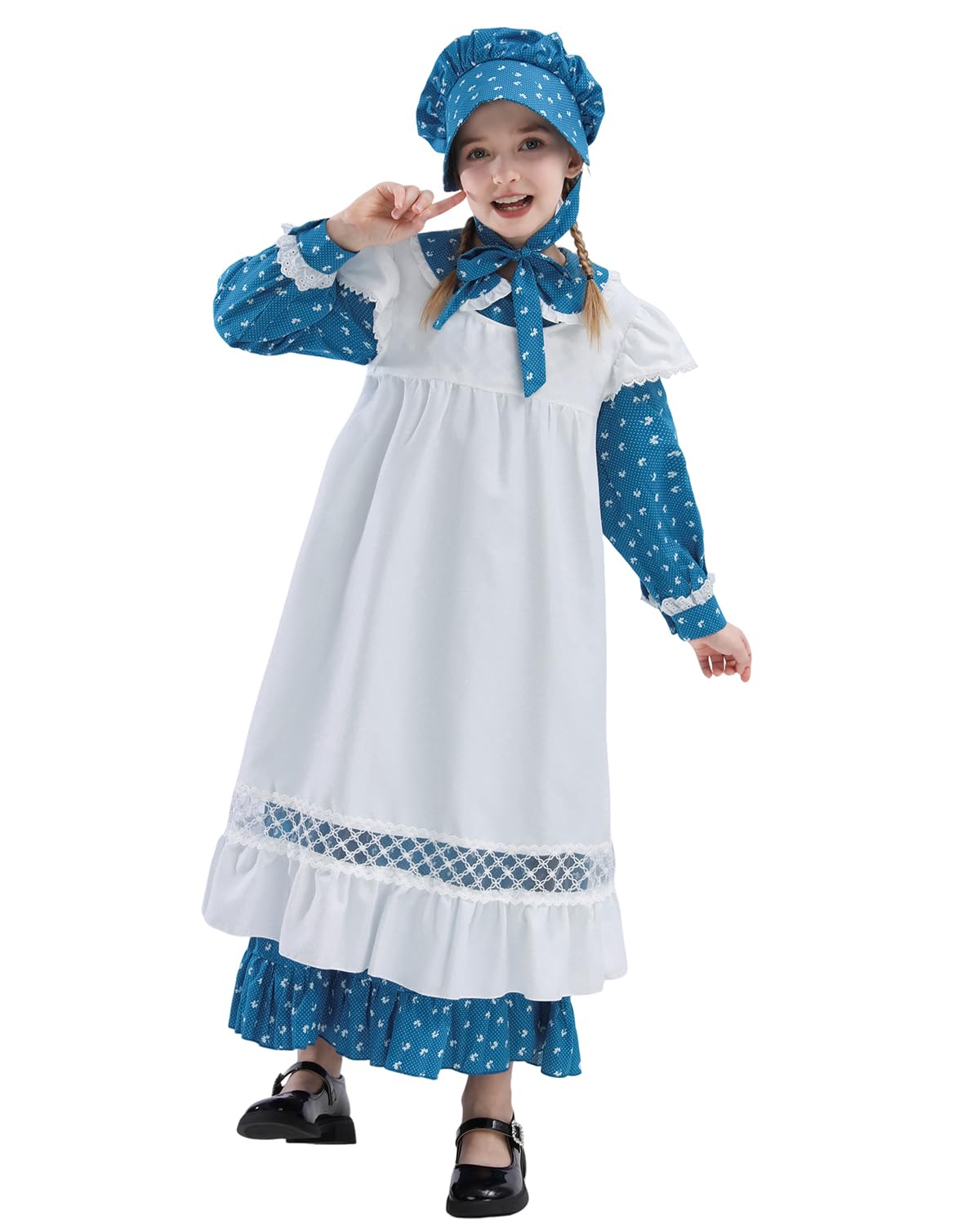 Cr Rolecos Colonial Costume Girls Prairie Pioneer Dress For Girls With Lace Pilgrim Costume Blue Xl Age Over 4 Years Old