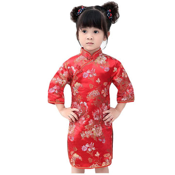 Hooyi Girl'S Chinese Peony Rose Qipao Half Sleeve Cheongsam Wedding Princess Birthday Party Costume Dress, Red, Large