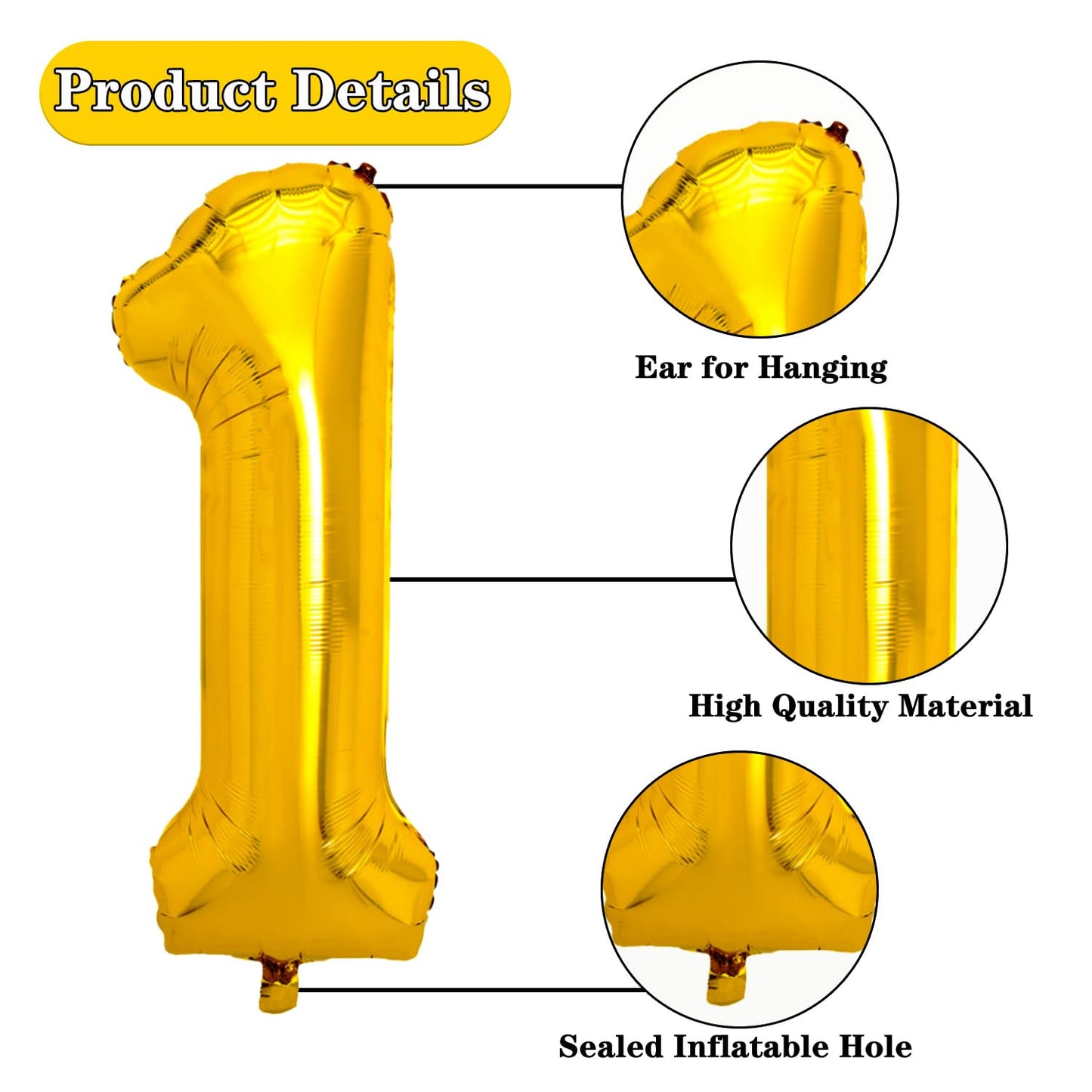 Pigetale 40 Inch Gold Large Number 1 Balloon For 1St Birthday Decoration, Giant Jumbo Self Inflating Foil Number Balloons 0-9 Fo