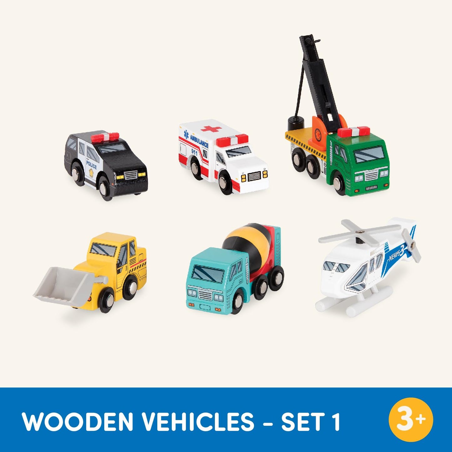 Battat - Wood Cars for Kids - 6Pc Toy Vehicle Set - Mini Rescue & Construction Vehicles - Toddler Truck Toys - 3 Years + - Woode