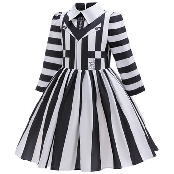 Miltrs Girls Halloween Costume Black And White Striped Dress Kids With Headband For Movie Cosplay Dress-Up