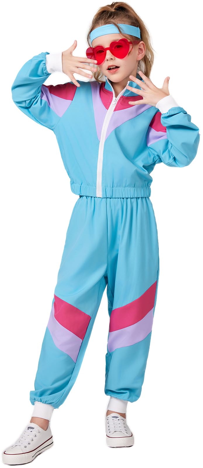 Sizgaroot 80S 90S Retro Windbreaker Set Girls Workout Costume Outfit Track Suit For Girls (Blue, 9-10 Years)