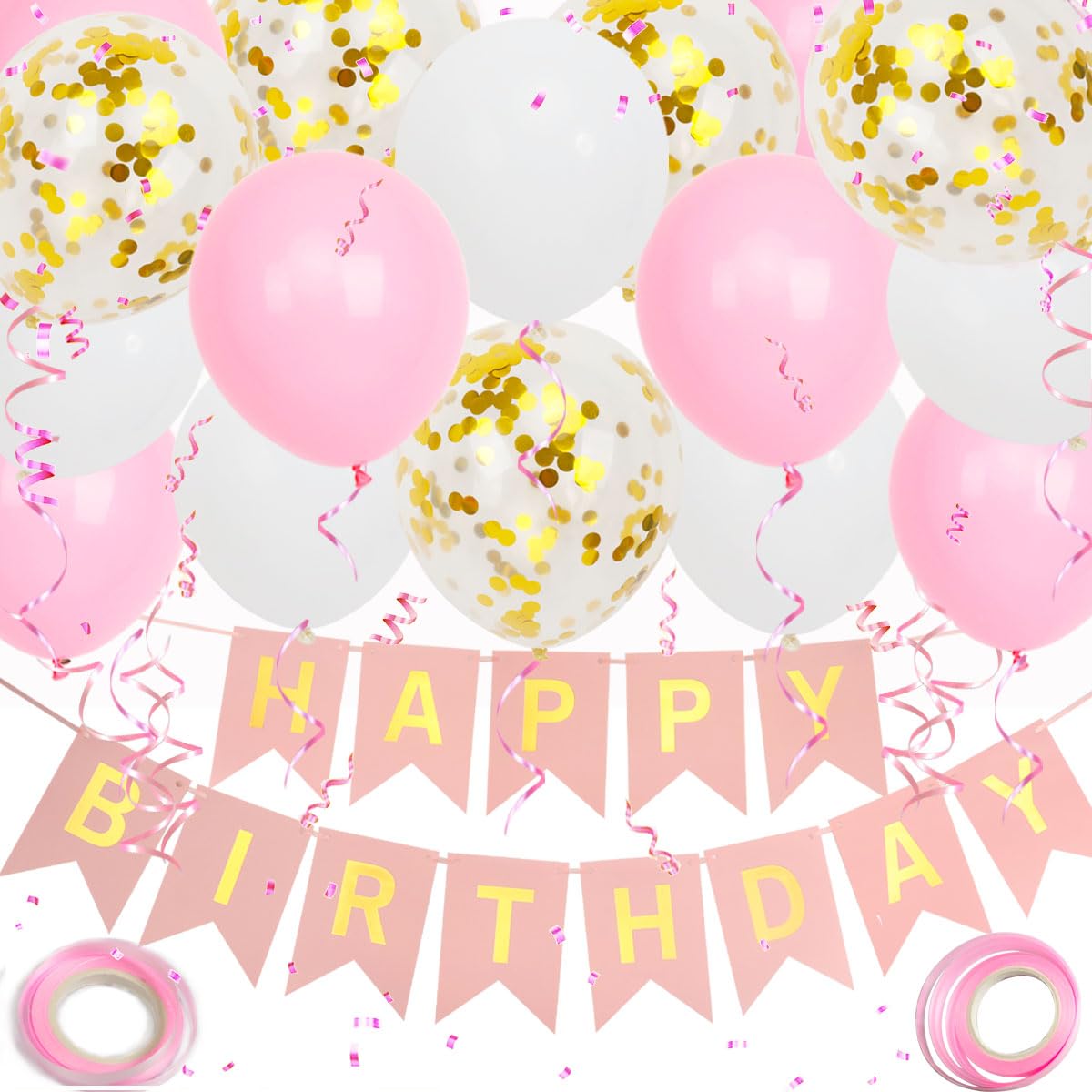 Happy Birthday Banner, Pink Birthday Decoration, 16 Pcs 12 Inch Happy Birthday Balloons With 2 Ribbons For Girl And Women Birthd