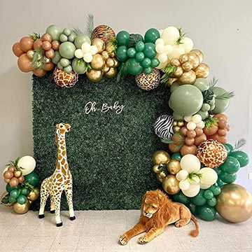128Pcs Safari Jungle Balloon Garland Arch Kit- Sage Green And Brown Balloons With Animal Print For Wild One Tropical Theme Party