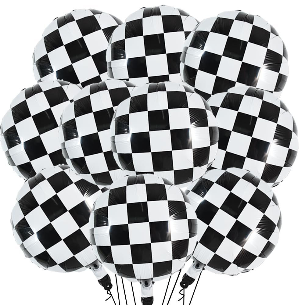 TONIFUL 18pcs Checkered Balloons 18 Inch Black and White Checkered Balloons Racing Balloons Large Checker Foil Balloons for Fast