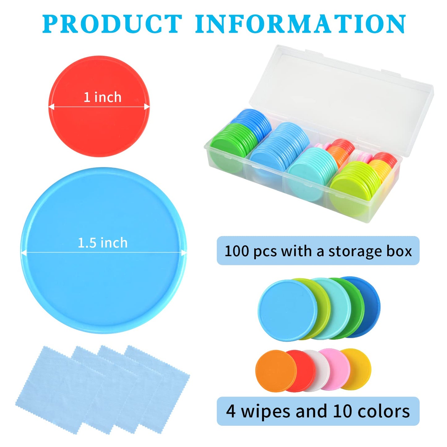 DLUGOPIS 100 Pcs Dry Erase Tokens Set - 1 Inch & 1.5 Inch Reusable Plastic Game Discs with Storage Box & 4 Wipes, 10 Colors
