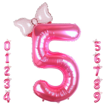 Kwuz 40 Inch Pink Number 5 Balloon with Mini Bow Balloon for Girls 5th Birthday Decorations, Pink Girl Princess Western Cowgirl 