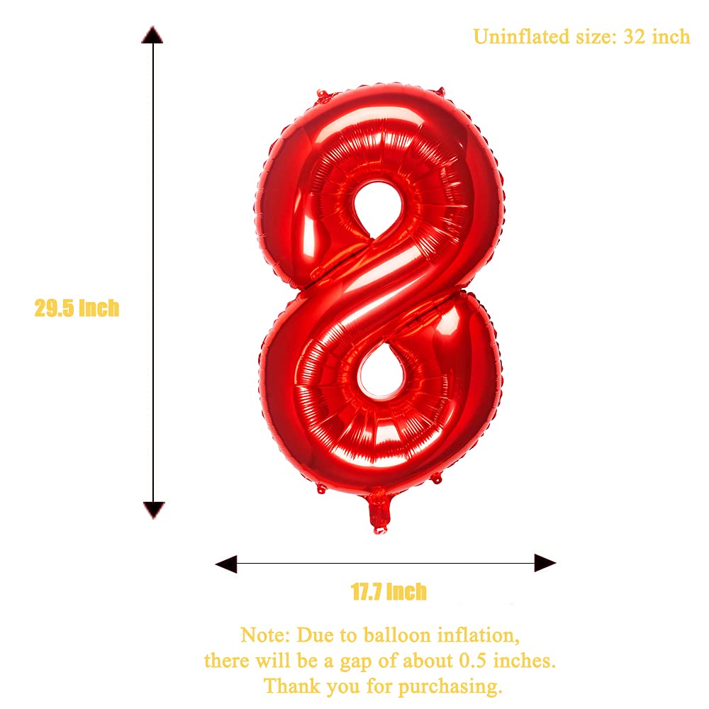 Meiduoco 1Pc Red 8 Number Balloon, 32 Inches, Foil, Self Sealing, Aluminum, Birthday Decoration Supplies