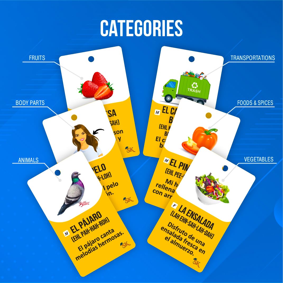 Study Key English Spanish Flash Cards - 300 Vocabulary Cards for Adults & Kids, Medium Size, Cardstock Material