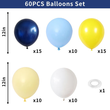Blue Yellow Balloons Set, 60Pcs Navy Blue Matte Yellow White Party Balloons, Pastel Blue Yellow And White Latex Helium Balloon F