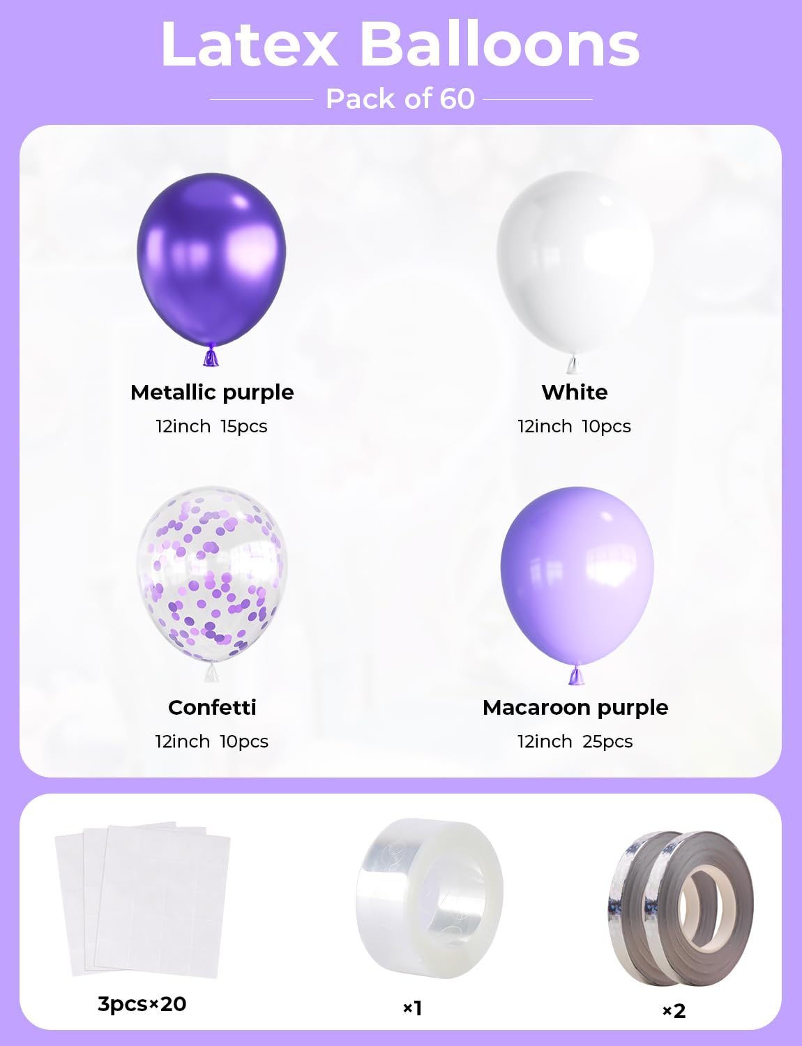 Purple And White Balloons,12Inch 60Pcs Pastel Purple Balloons With Confetti Balloons,Lavender Lilac Balloons For Mother'S Day/Bi