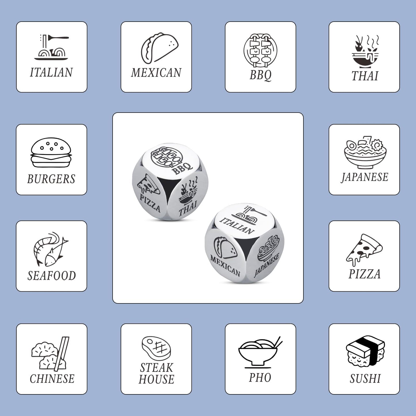 JEWGLO Date Night Dice Set, Stainless Steel, Small, Silver - Fun Valentine's Gift for Couples, Food Decision Dice, Anniversary Ideas
