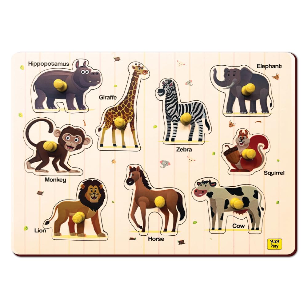 Yay Play Educational Toys For 3 Year Old  Wooden Animals Pegboard Knob Puzzle | Durable, Vivid Print Shape Puzzles For Kids For