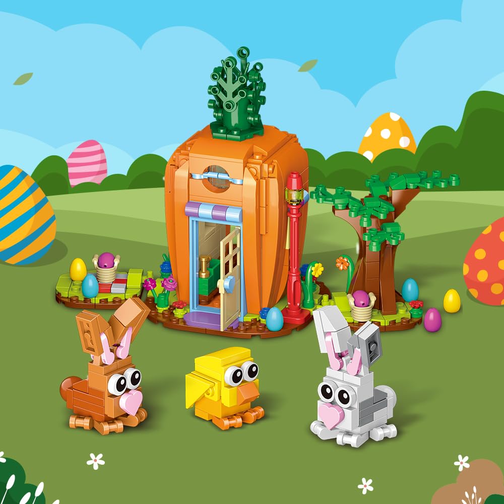 Jarsant Easter Bunny Carrot House Building Set, 2 Rabbits, Chick, Colorful Easter Egg and Basket Toy, Brickheadz Pets Building B