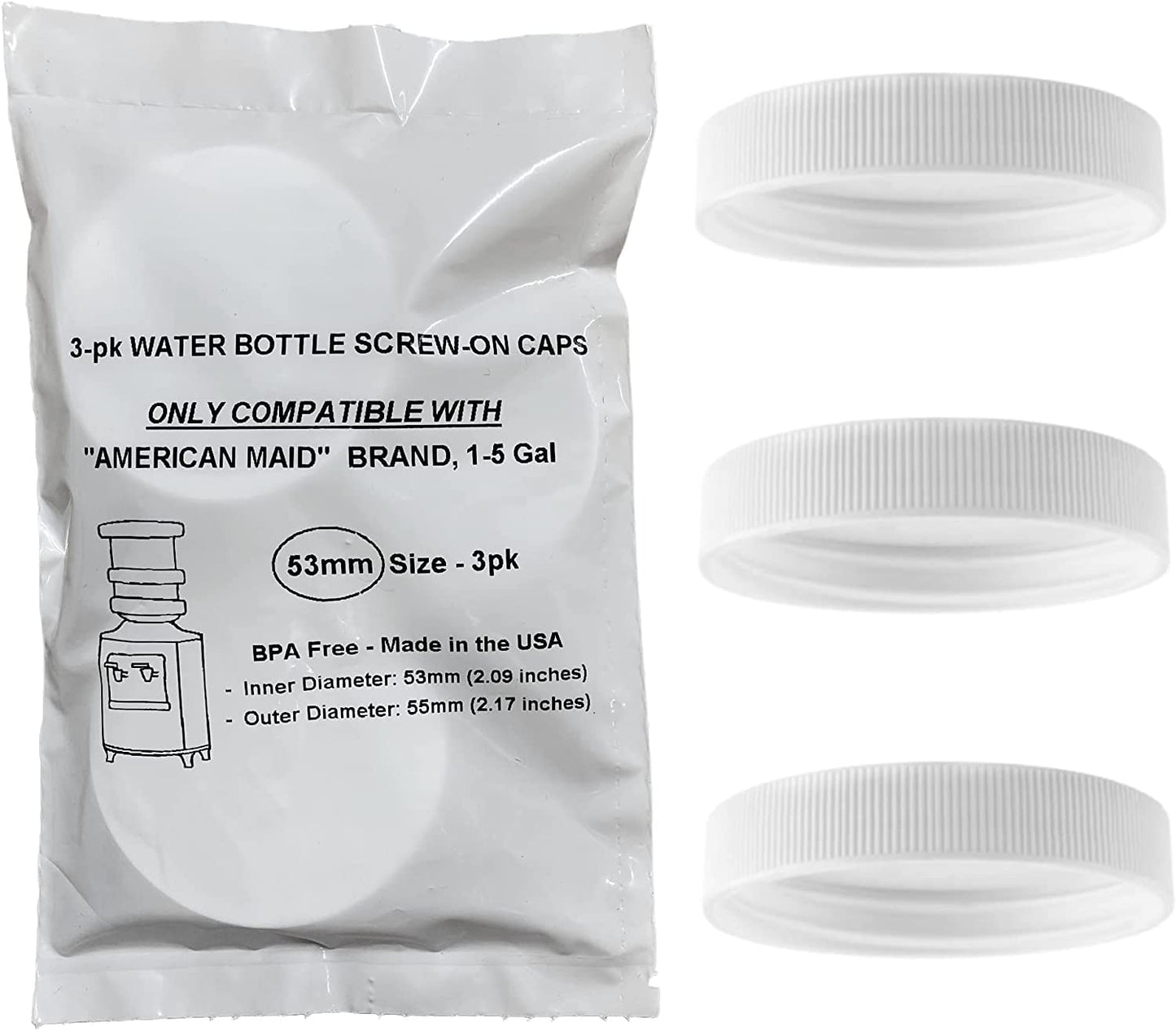 SANITRO Threaded Screw-On Caps for 3 & 5 Gallon Water Bottles, 53mm, White, Glass, 3 Pack