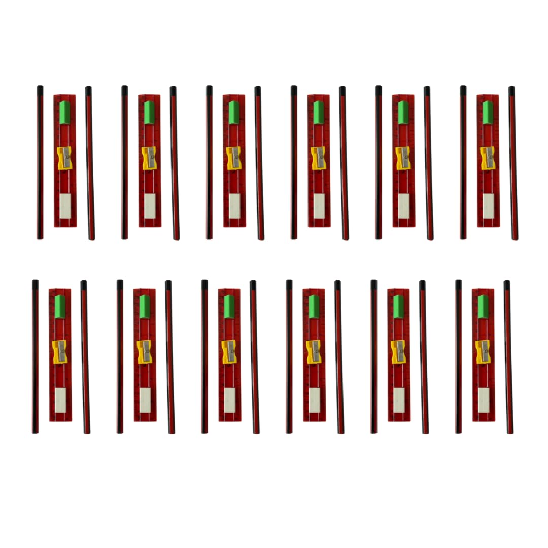 Pack Of 12 Stationery Kit Set For Students | Each Pack Includes 1 Ruler, 2 Pencils, 2 Erasers & 1 Sharpener |Individually Packed
