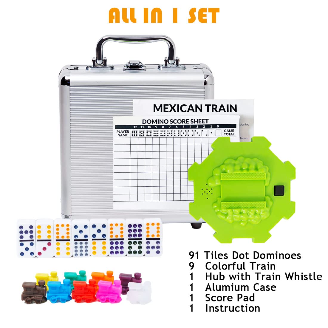 Yinlo Mexican Train Dominoes Set - Double 12, 91 Colored Tiles, Aluminum Case, Green Hub, Travel-Friendly Game