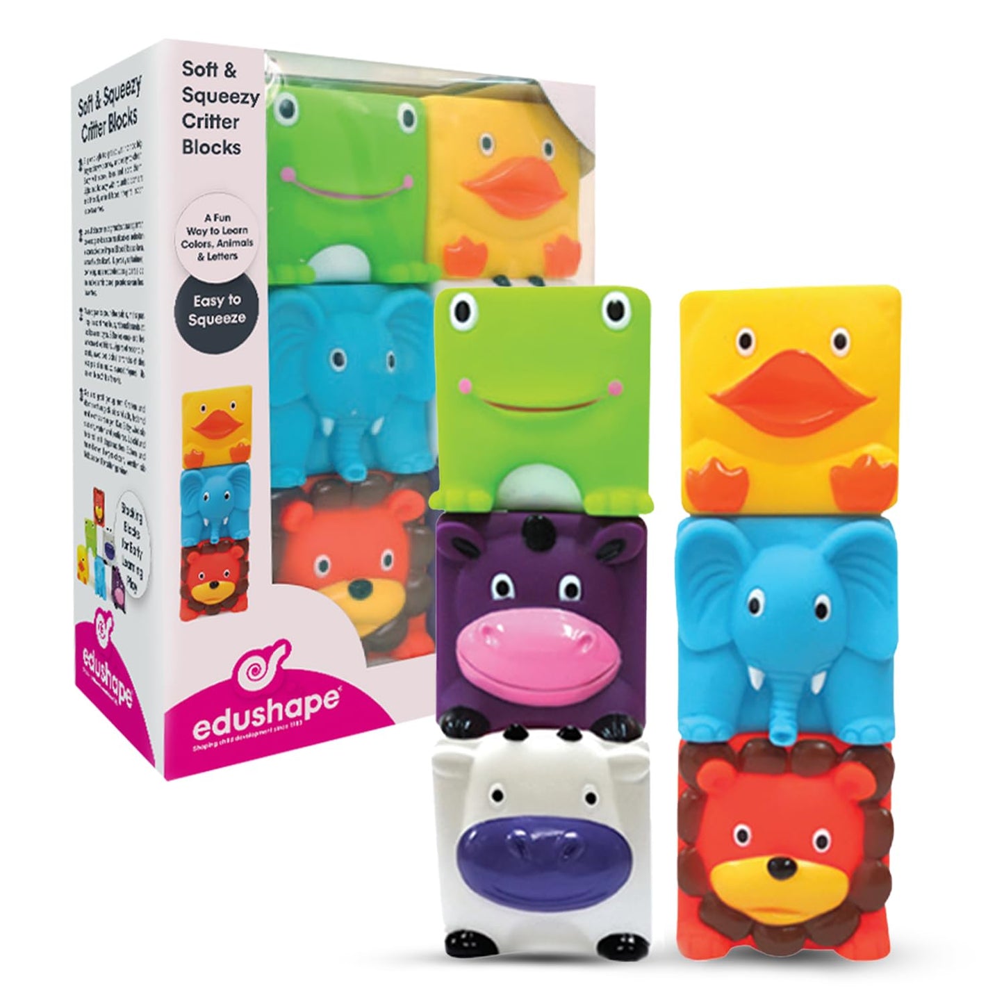 Edushape Soft & Squishy Animal Blocks - Stack, Chew, Bounce, Toss, Fidget Stress Relief Toy