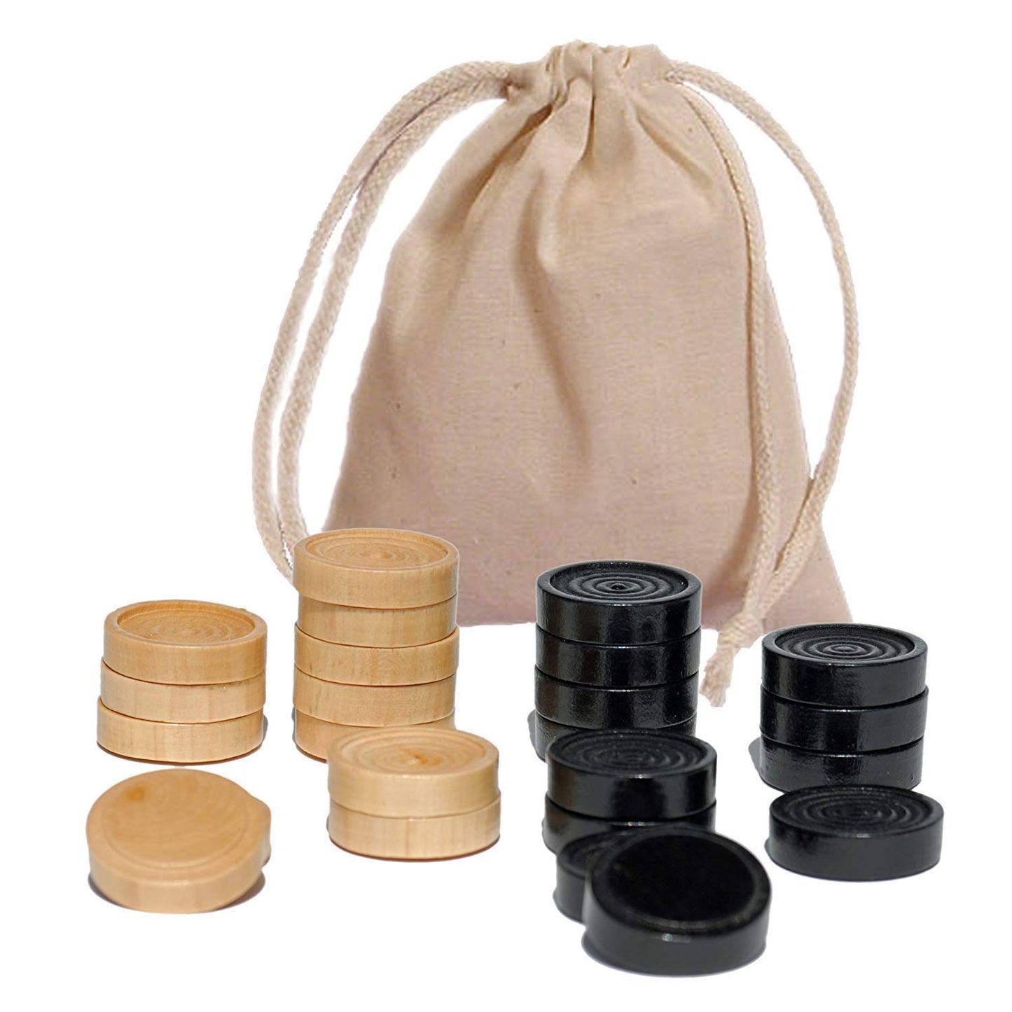 WE Games Checkers Pieces Only  Wooden Checker Board Game Pieces  24 Brown and Natural Stackable Player Pieces with a Drawstring Storage Bag  1.25 Inch Diameter Carved Versatile Game Pieces