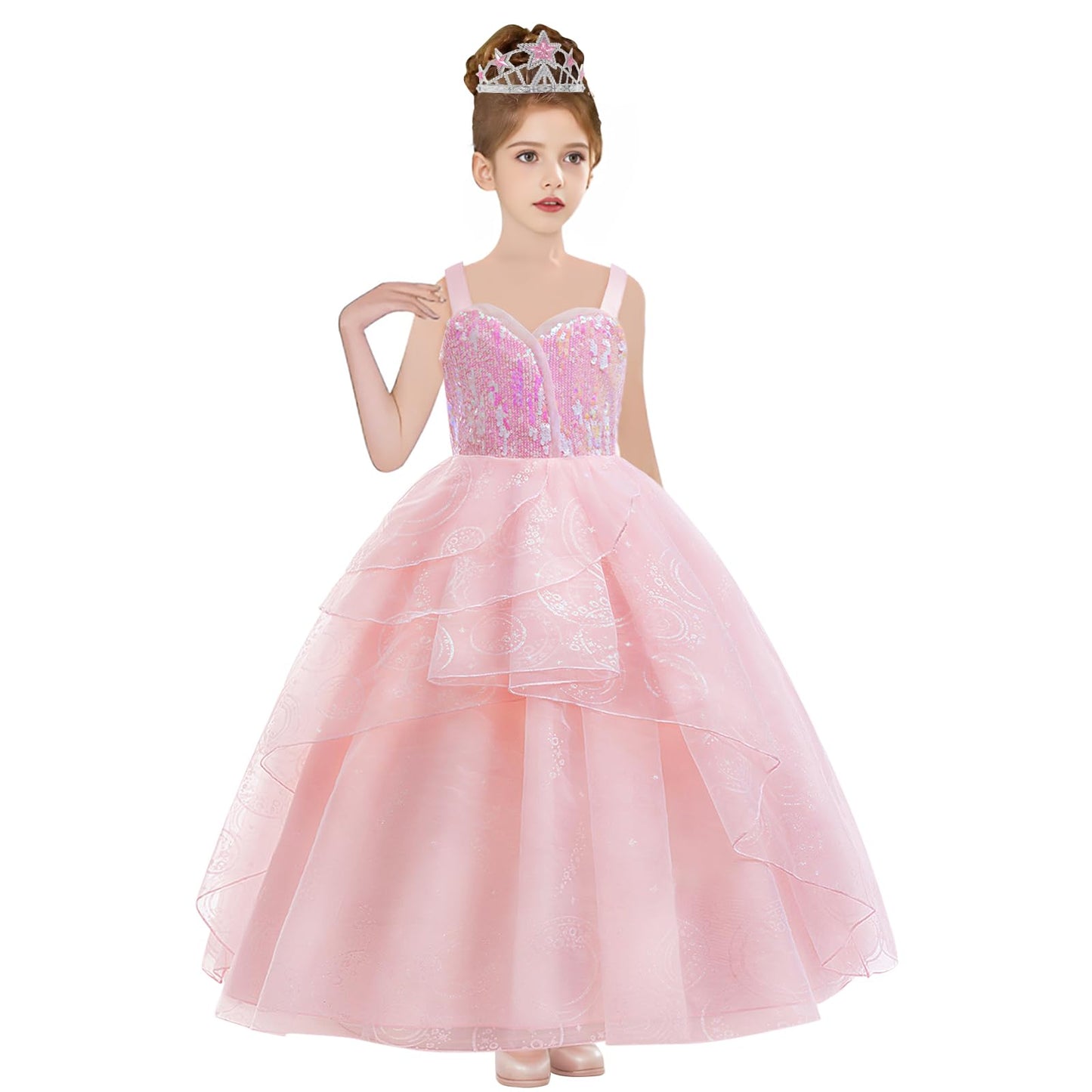 keaiyouhuo Kids Pink Witch Costume for Girls Pink Princess Sequins Tulle Dress Halloween Cosplay Outfits with Crown and Wand