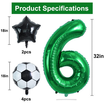Toniful 32 Inch Soccer Balloons Set 6St Birthday Decoration Green Number 6 Foil Soccer Balloon Black Star Balloons For Children'