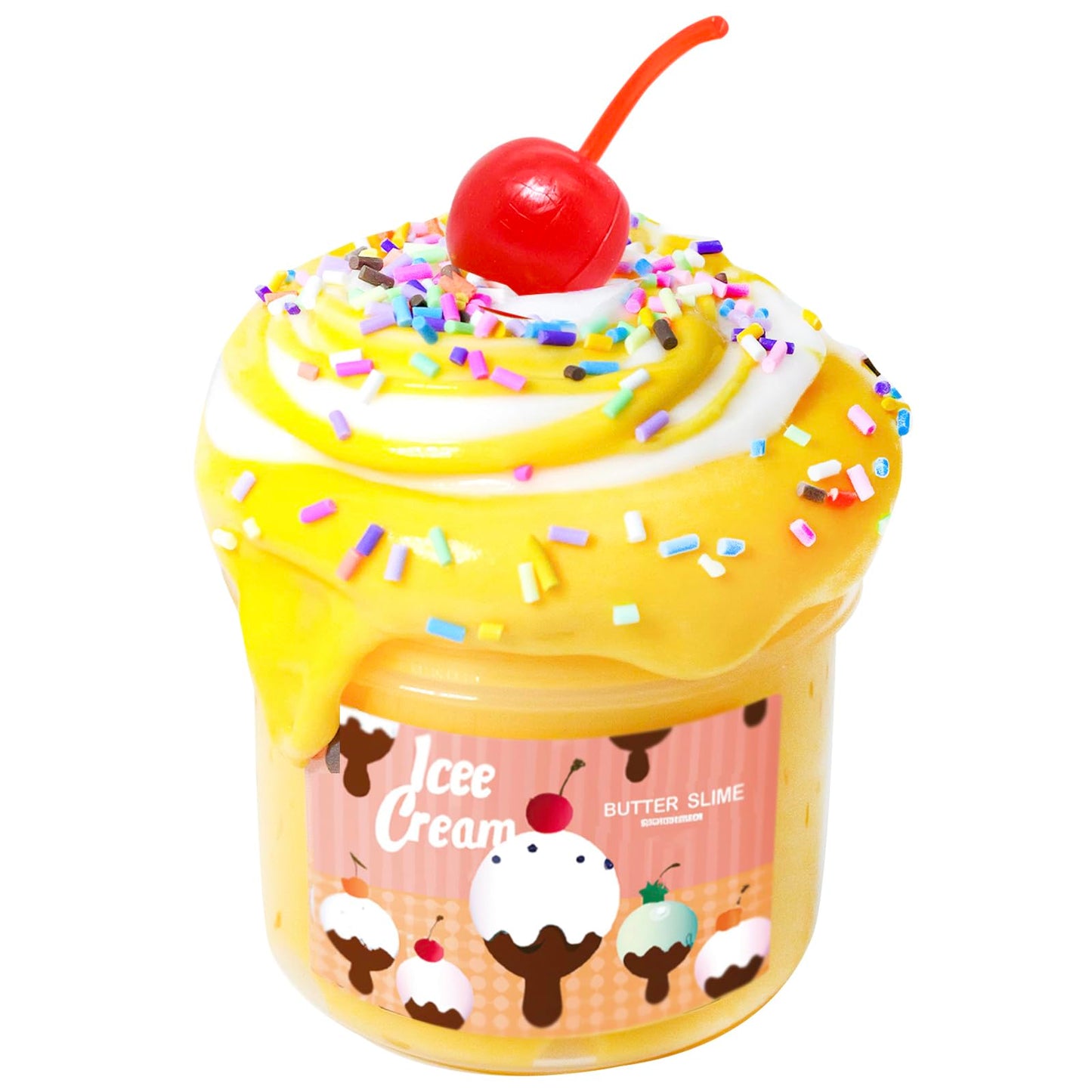 Cherry & Cream Ice-Cream Cake (7oz) - Butter Textured Slime - Handmade Slime - ASMR Slime-White/Yellow