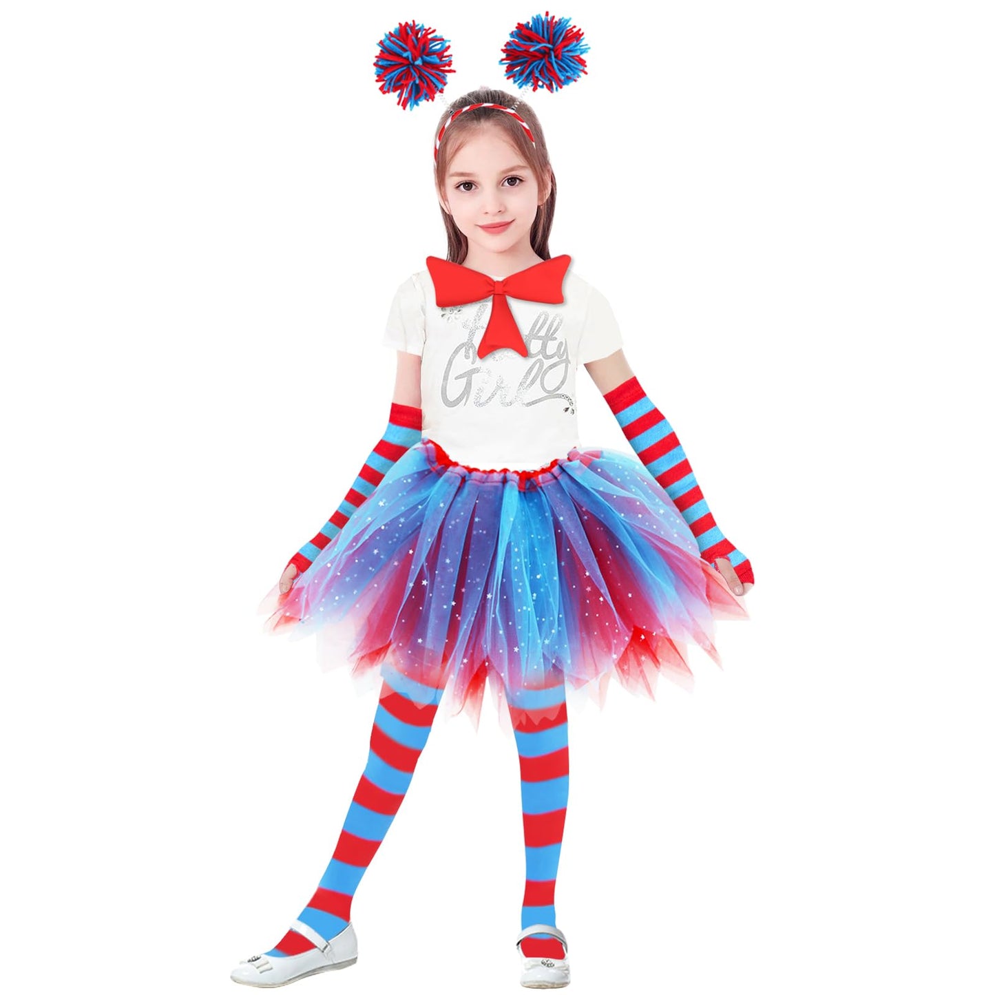 Kitimi Tulle Tutu Skirt Set for Girls Carnival Cosplay, 3 Layered Tulle Tutu Skirt, Headband, Striped High Socks and Gloves