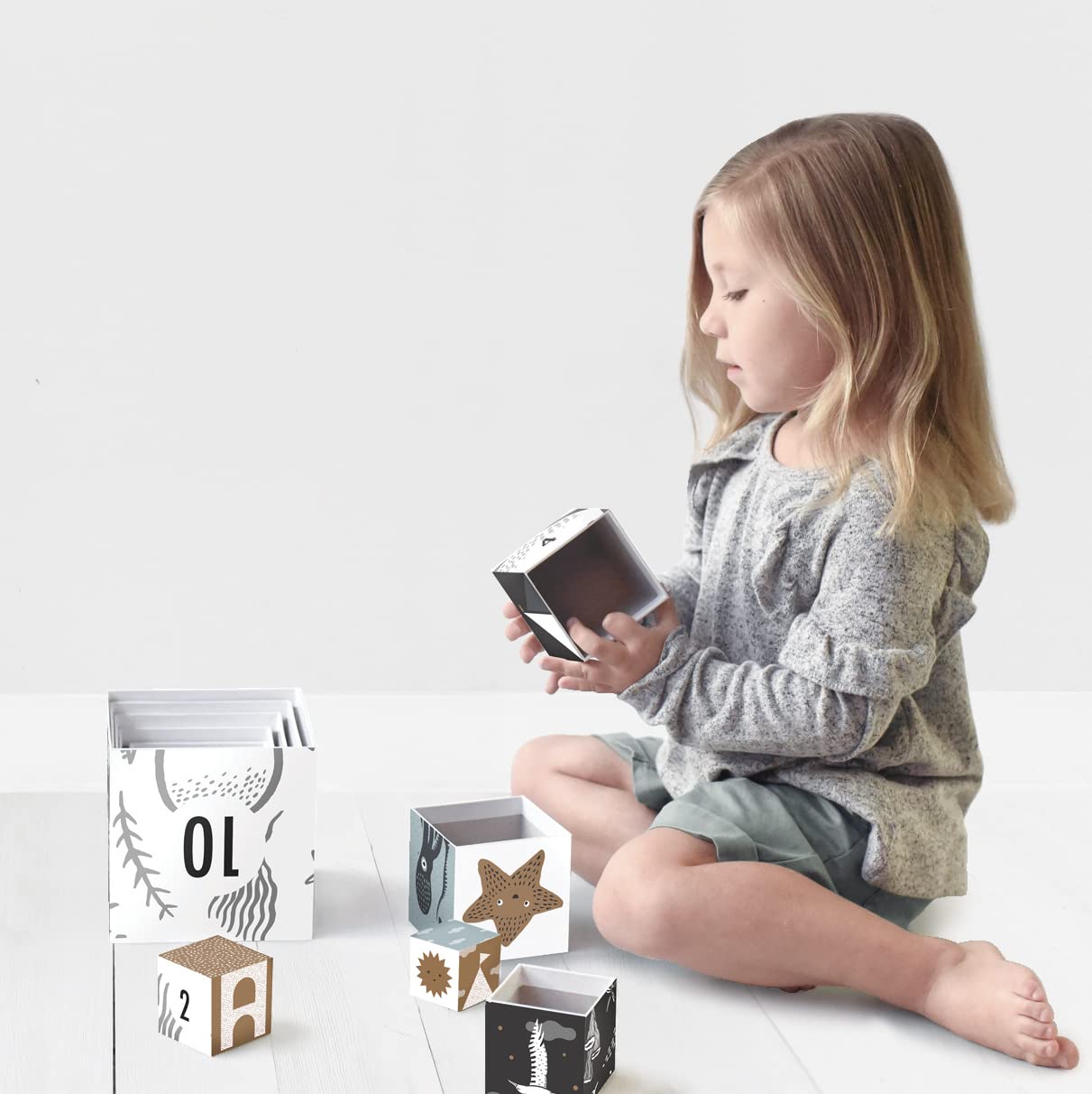 Wee Gallery Nesting Blocks - Ocean Animals And Numbers - Black And White Stacking And Building Toy For Toddlers And Kids - Motor