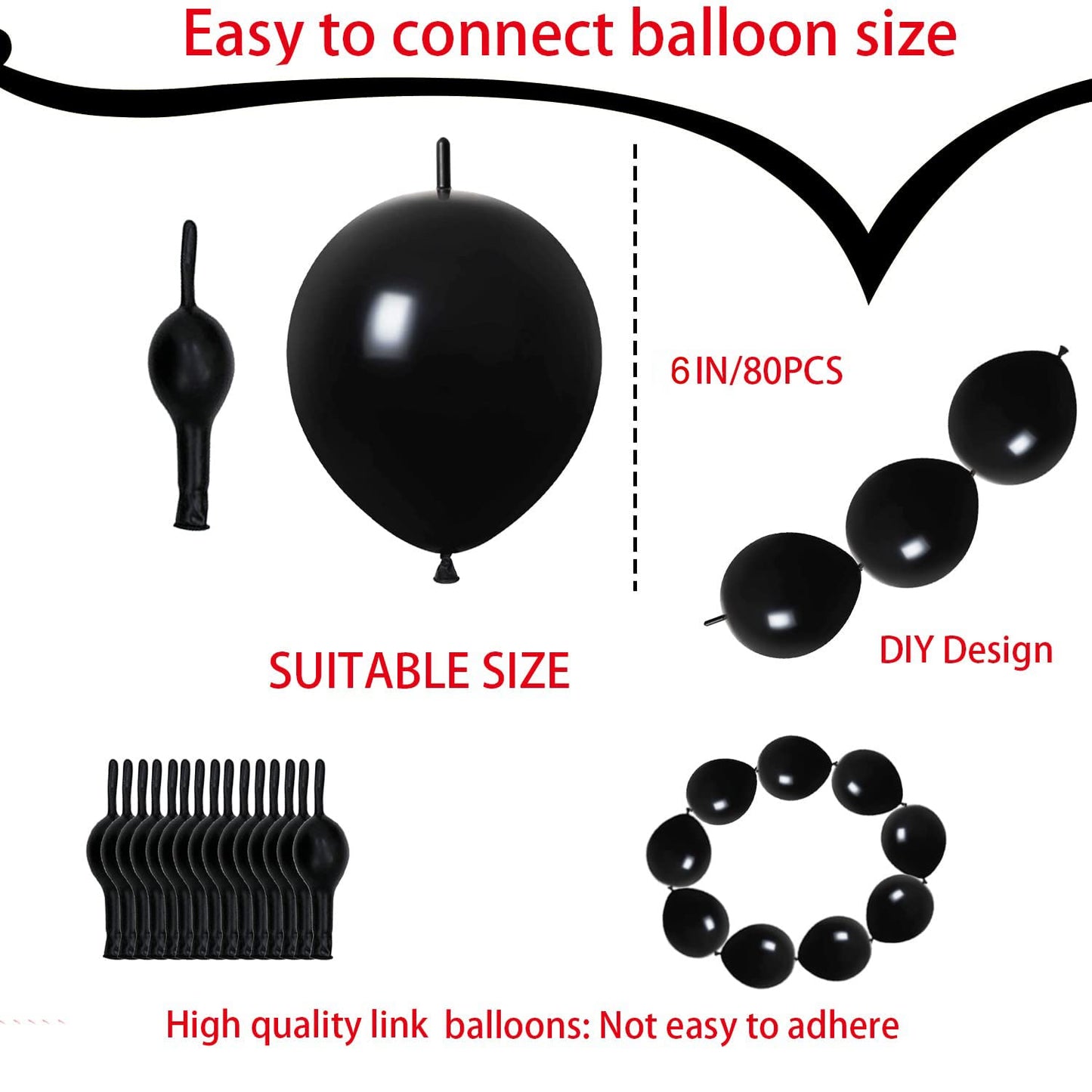 Adido Eva Link Balloons 6 Inch Black Latex Quick Linkale Balloon 80 Pcs For Birthday, Halloween, Christmas, Party Festival Decor