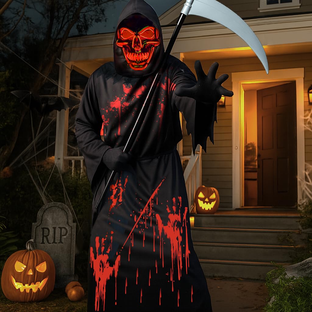 Loyalboom Halloween Costumes for Boys Grim Reaper Costume Kids with Ghostface Inspired Scary Scream Robe with Hood Mask and Sickle Spooky Outfit for Party or Trick or Treat(M 8-10 Years)