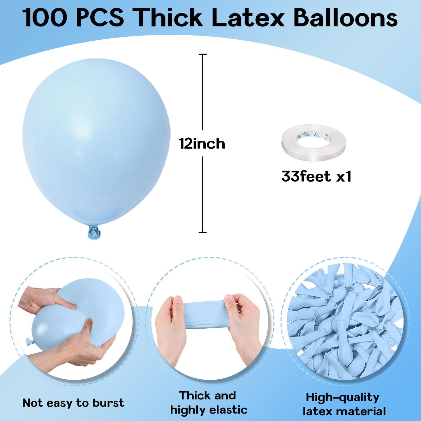 Jobkoo Pastel Blue Balloons 12 Inch, 100 Pack Light Blue Balloon Baby Blue Latex Balloons Matte Macaron Powder Blue Helium Ballo