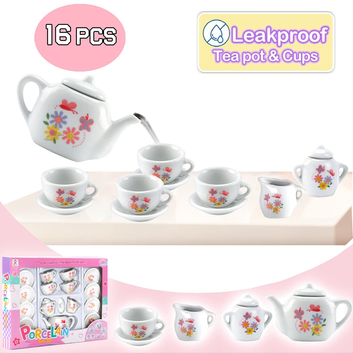 Liberty Imports 16 Piece Rose Flower Miniature Porcelain Ceramic Tea Set | Kids Toy Mini Pretend Play Kitchen Decorated Playset