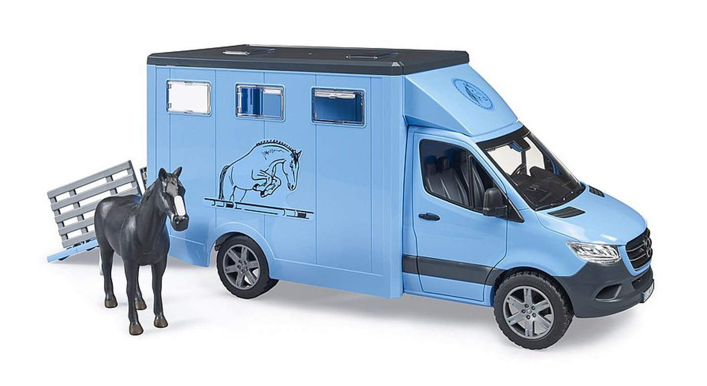 Bruder MB Sprinter Animal Transporter with Horse - Plastic, Cyan, Model 02674