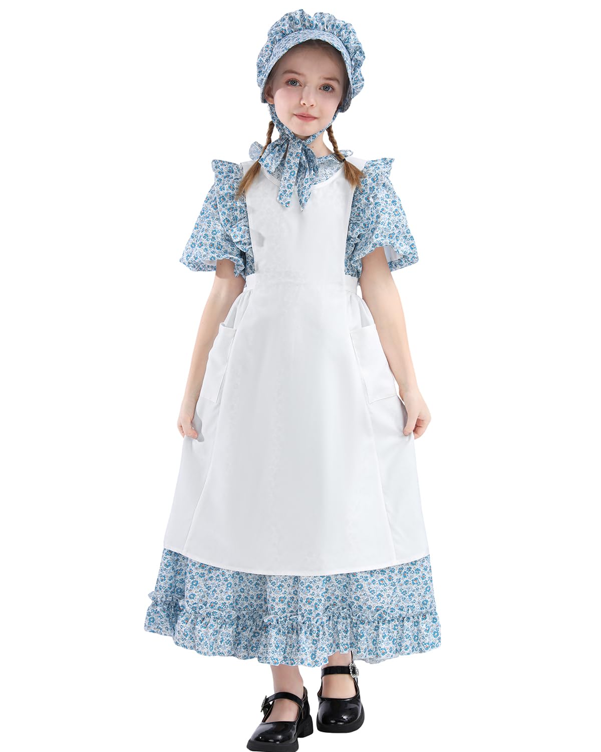 Fccam Colonial Pioneer Dresses For Girls Short Sleeve Floral Prairie Costume Blue M