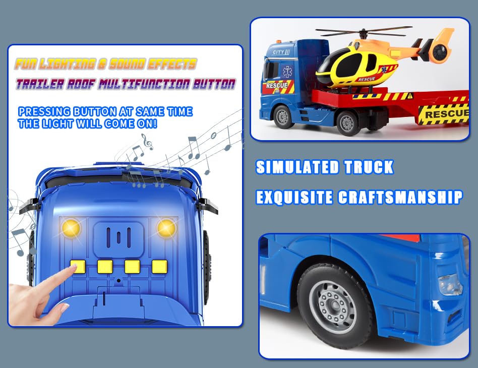 ANJARU 25'' Rescue Tow Truck with Racing Car and Helicopter for Toddlers Lights & Sounds Birthday Gift for 3-6 Years Boys and Gi