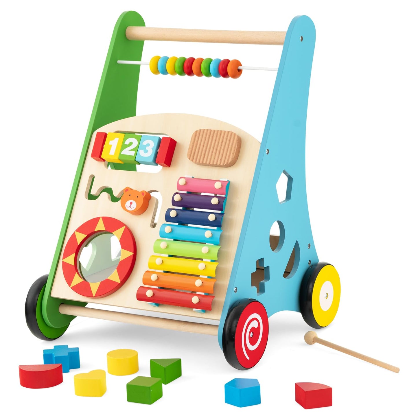 HONEY JOY Baby Push Walker, Wooden Infant Walker Activity Center with Shape Sorter, Develop Motor Skills & Creativity, Push Toys