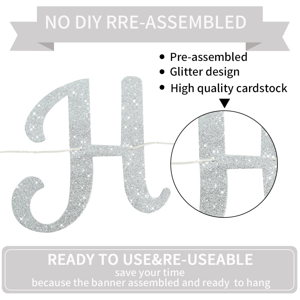 Beishida Silver Happy Birthday Banner - No Diy,10Feet,Pre-Strung-Glitter Happy Birthday Sign, Happy Birthday Garland,Happy Birth